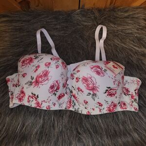 Pink Lover Floral Print Women's Bra - Pink and White Push Up Size 42 C